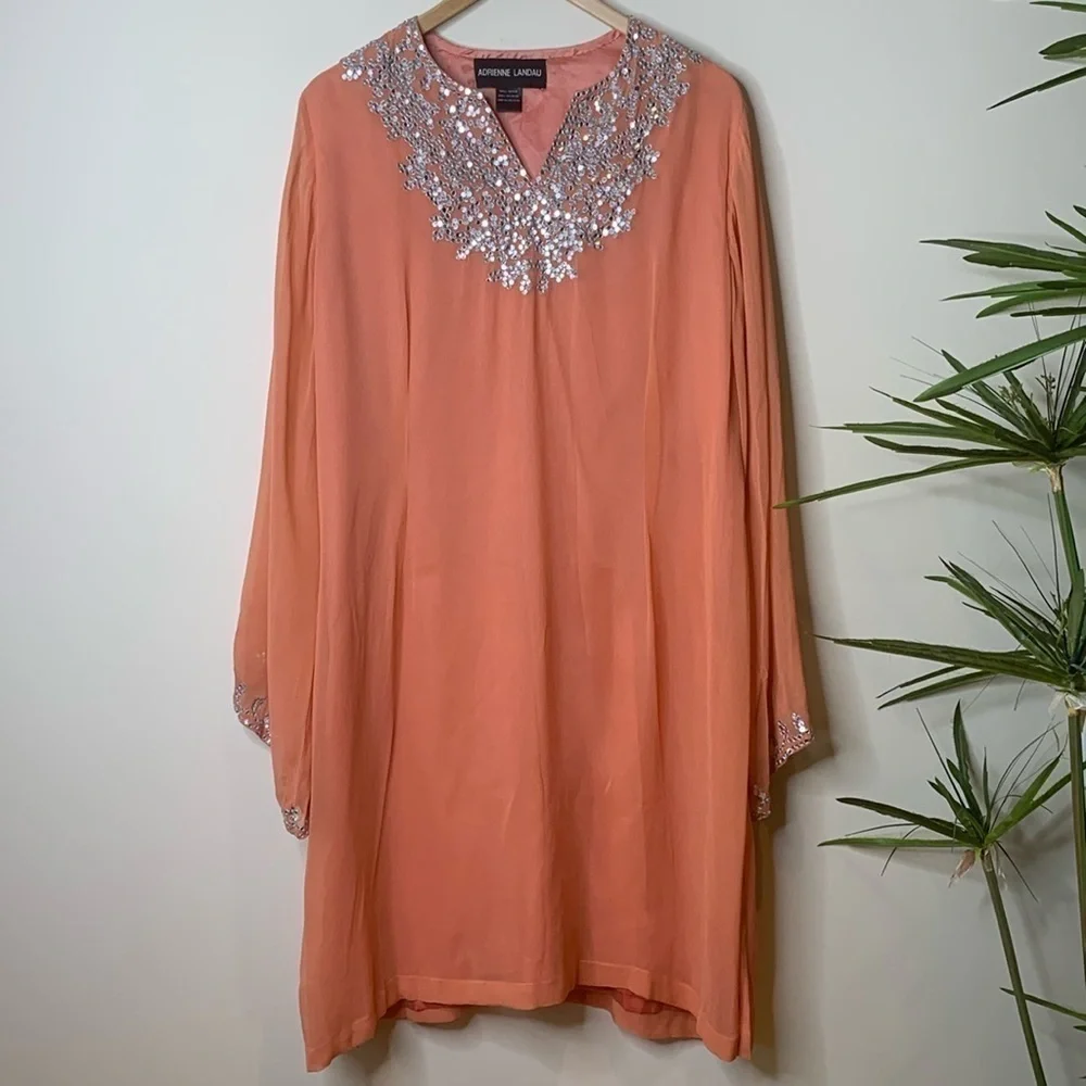 Adrienne Landau | Vintage Peach Sequin Lined Sheer Bell Sleeve Kaftan Dress S/M